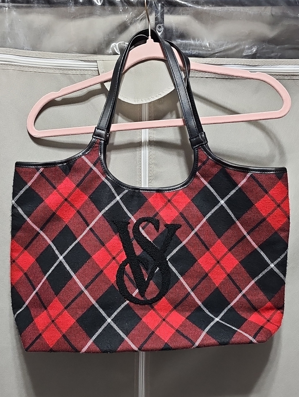 Victorias Secret Plaid Tote Bag with Monogram Detail - Red and Black